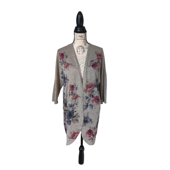 Live In The Moment Floral Botanical Open Cardigan Neutral Color 3/4 Sleeve Sz L - Picture 2 of 7